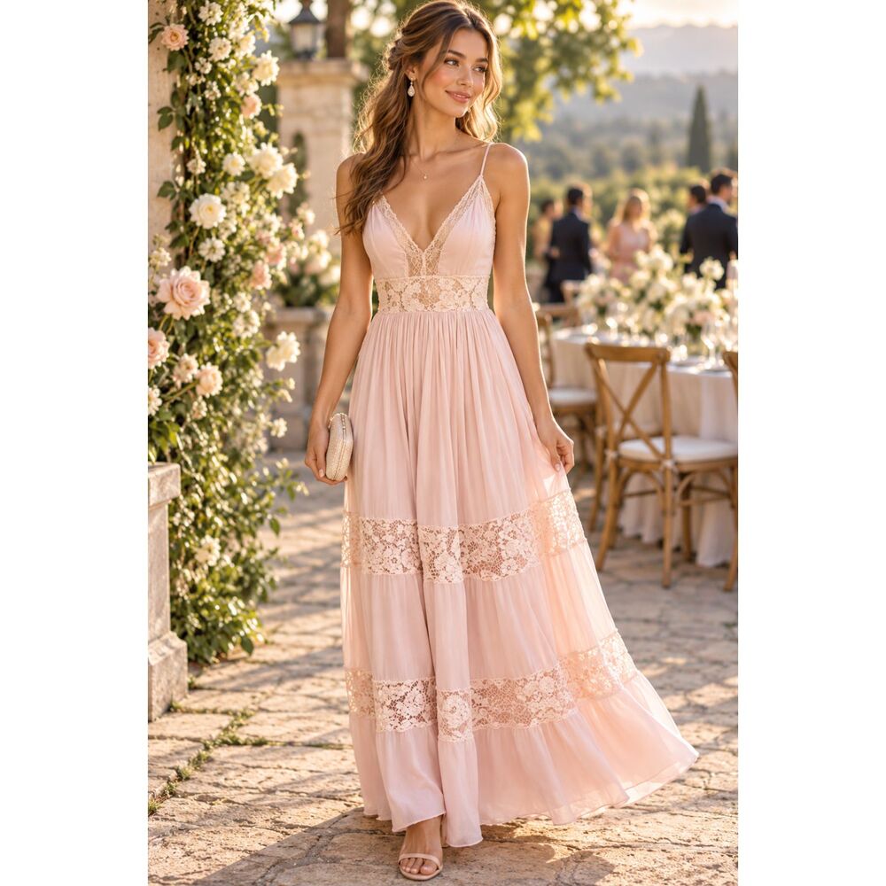 Forever 21 Blush Pink Lace Maxi Dress Womens S Deep V Boho Romantic Festival